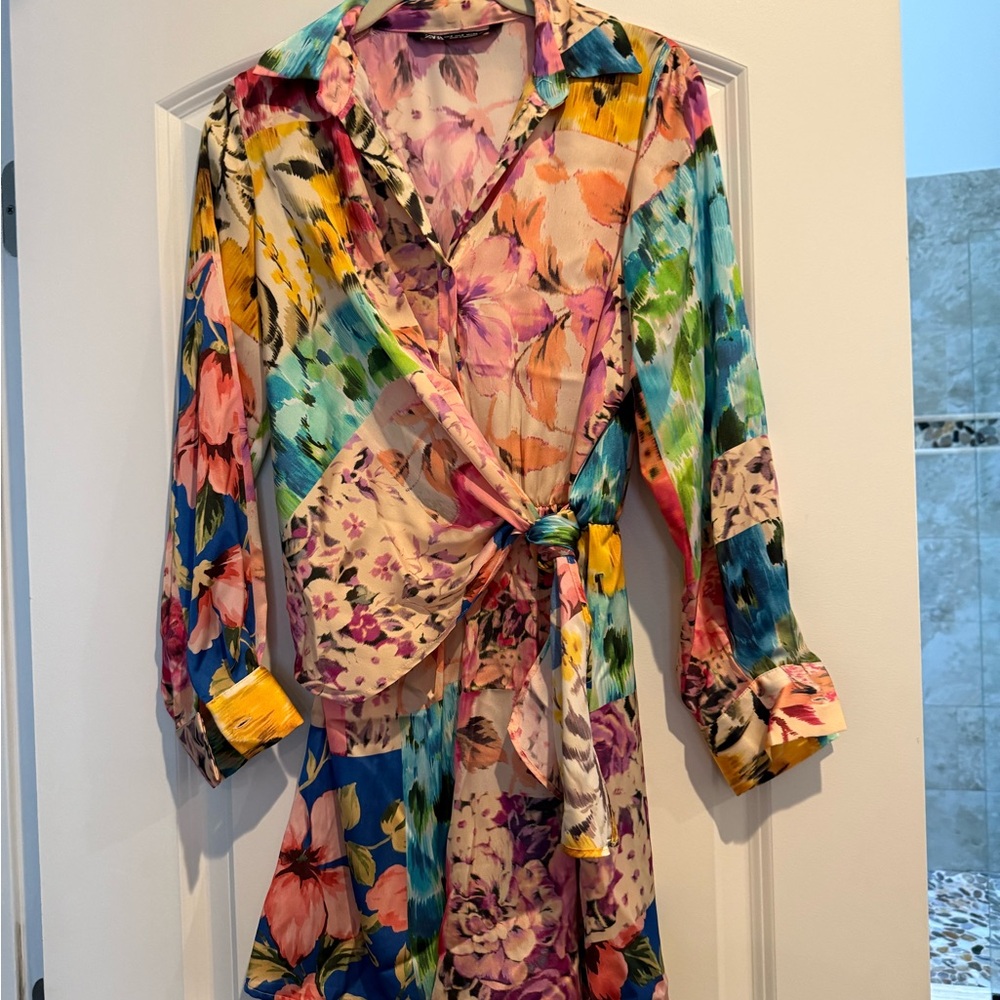 Zara Pink and Purple Floral Dress side tie